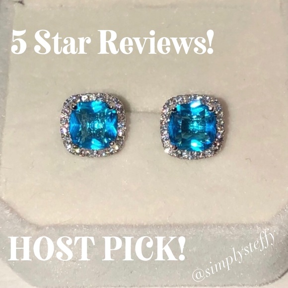 Jewelry - 18k Gold Neon Blue Princess Cut Halo Earrings NEW